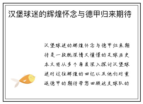 汉堡球迷的辉煌怀念与德甲归来期待 汉堡球迷的辉煌怀念与德甲归来期待