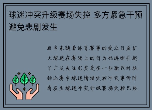 球迷冲突升级赛场失控 多方紧急干预避免悲剧发生 球迷冲突升级赛场失控 多方紧急干预避免悲剧发生